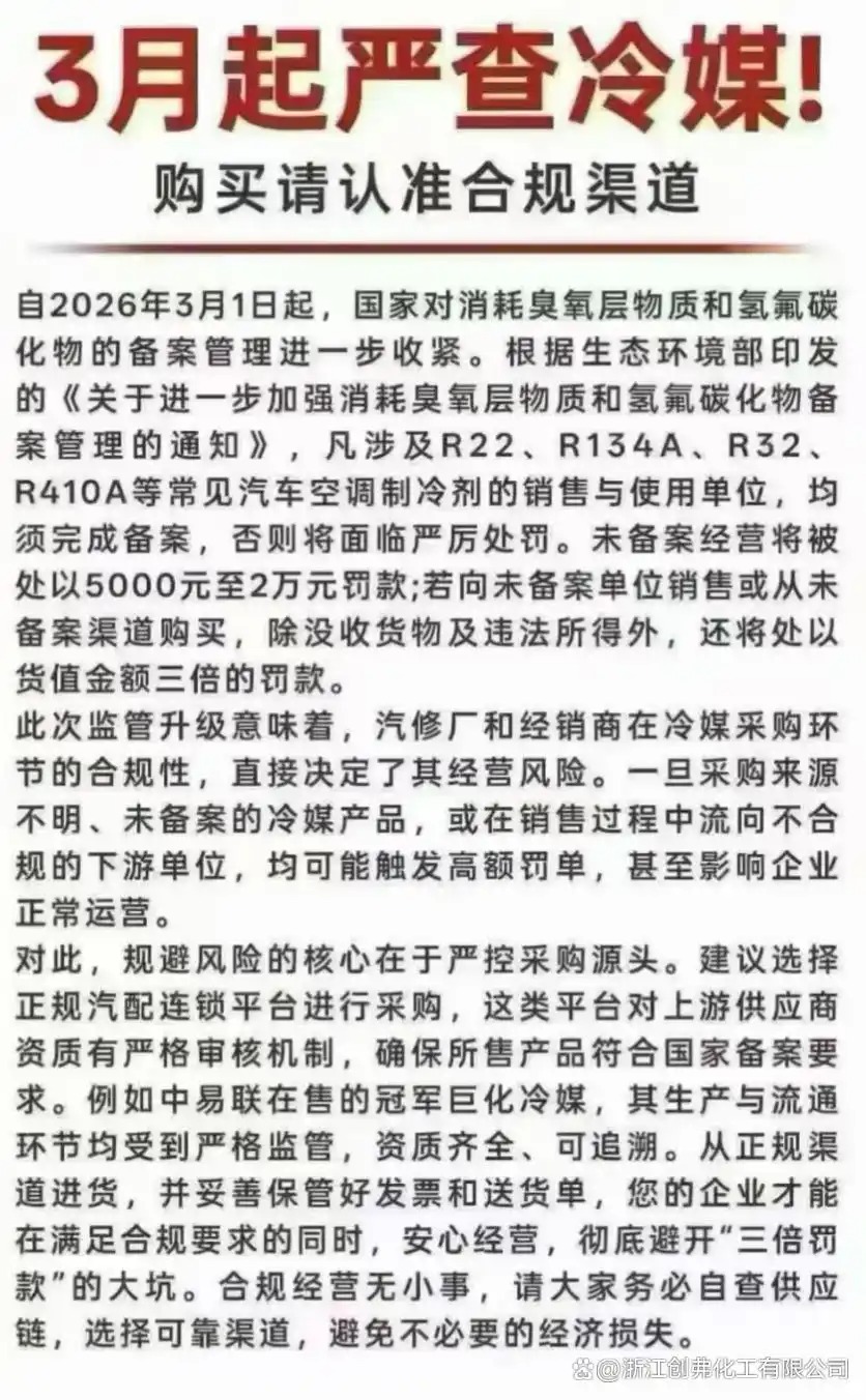 2026年3月1日起全国严查制冷剂备案